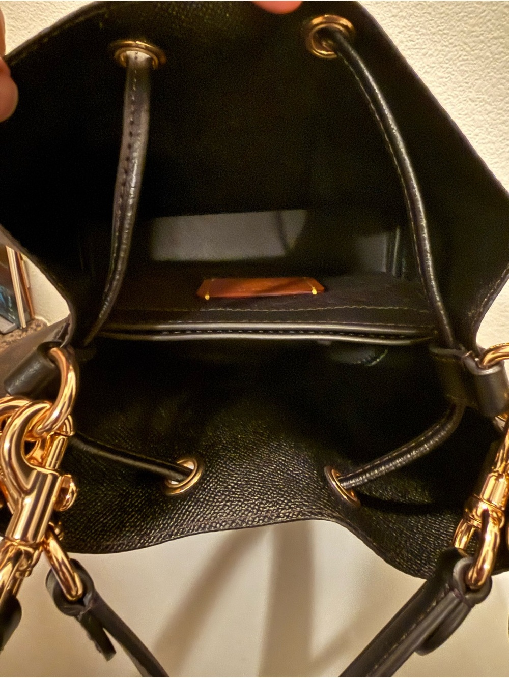 Coach Black Leather Drawstring Shoulder Bag with Gold Hardware